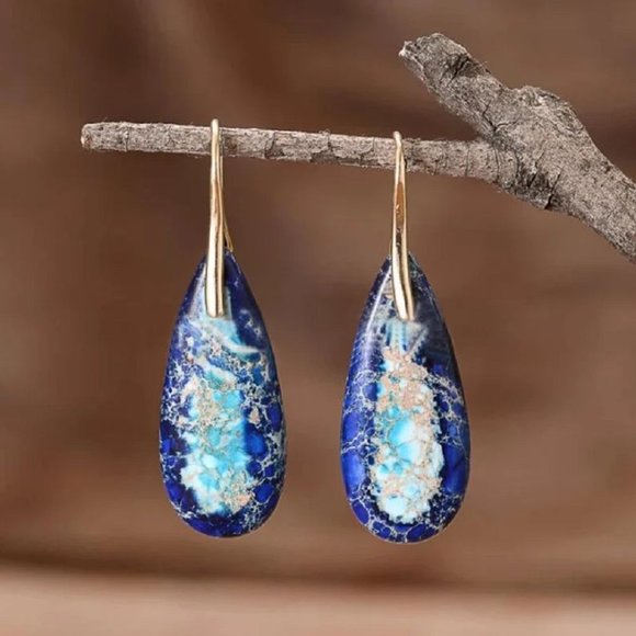 Natural Blue Imperial Jasper Teardrop Dangle Earrings Gemstone Drop Earrings - Picture 2 of 2